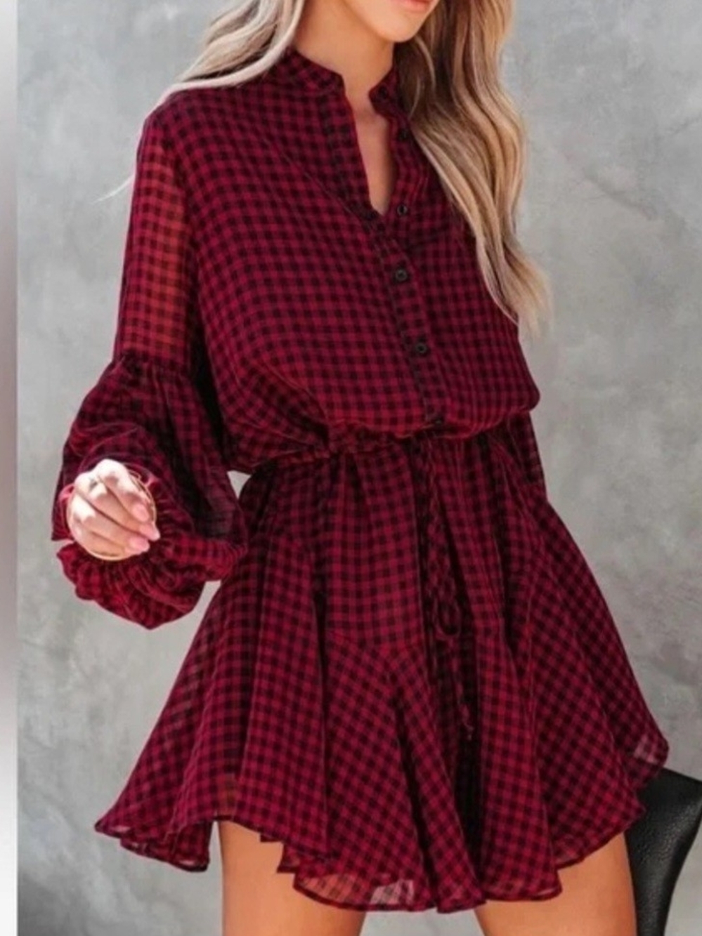 Vici Burgundy Plaid Long-Sleeve Button Dress